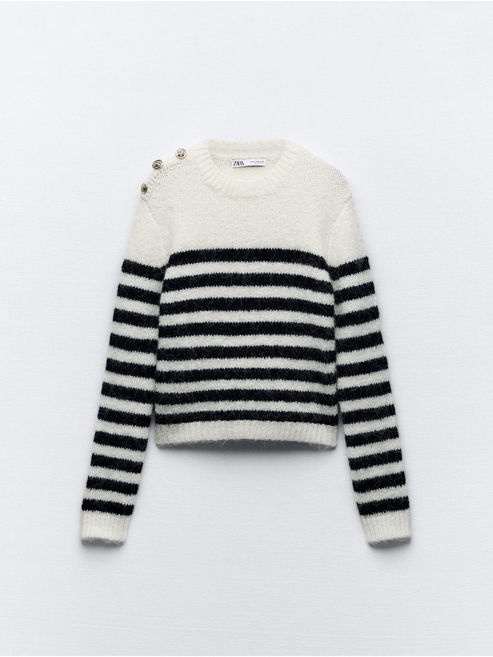 Zara Black and Cream Striped Crewneck Sweater with Shoulder Buttons